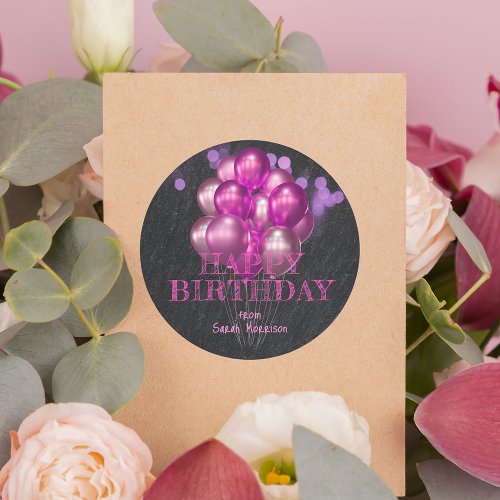Pink Balloons On Black Stylish Glam Happy Birthday Classic Round Sticker
