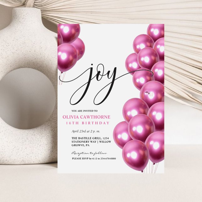Pink Balloons Pink 16th Joy Happy Birthday  Invitation (Creator Uploaded)
