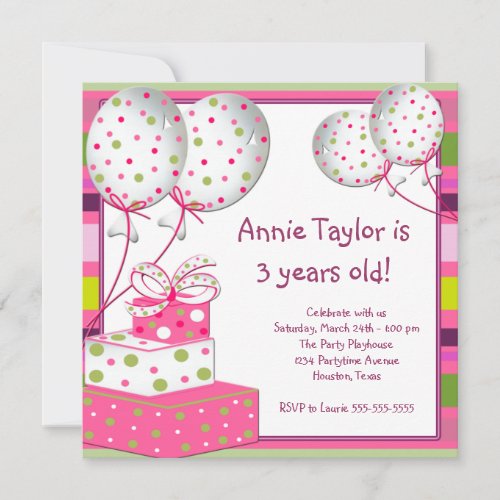 Pink Balloons Presents Girls 3rd Birthday Party Invitations