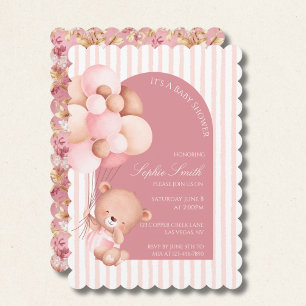 Pink Balloons, Stripes Bloom Baby Shower Scalloped Invitation