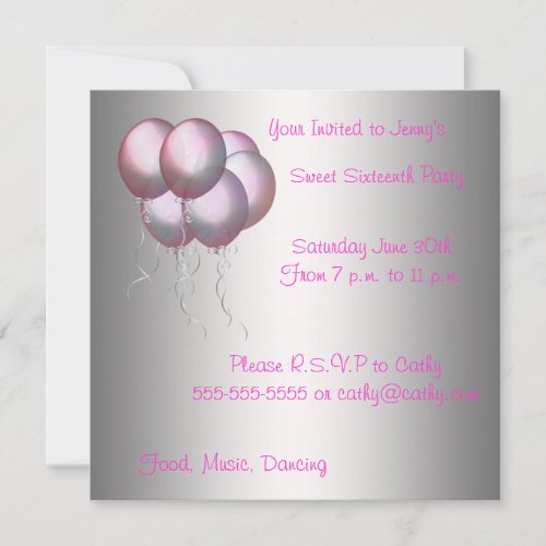 Pink Balloons Sweet Sixteen Invitation