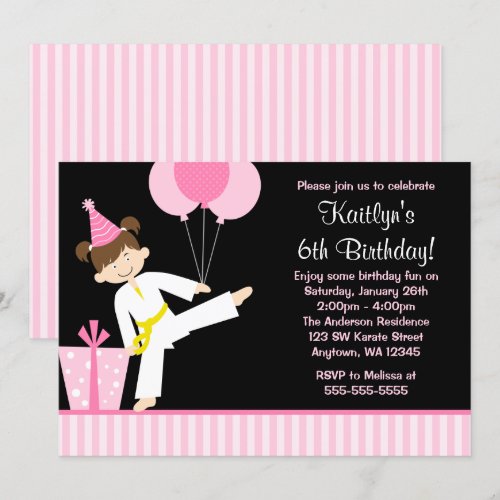 Pink Balloons Taekwondo Karate Girl Birthday Custom Announcement