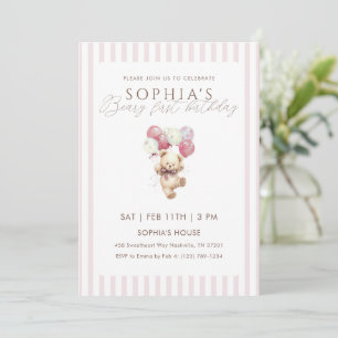 Pink Balloons Teddy Bear 1st Birthday Invitation