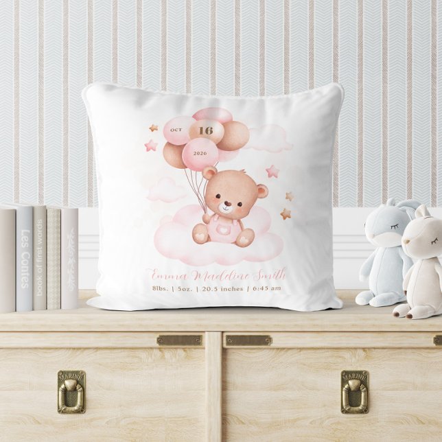 Pink Balloons Teddy Bear Baby Birth Stats Throw Pillow (Creator Uploaded)