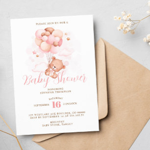 Pink Balloons Teddy Bear Baby Shower Invitation