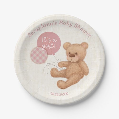 Pink Balloons Teddy Bear Baby Shower Paper Plates