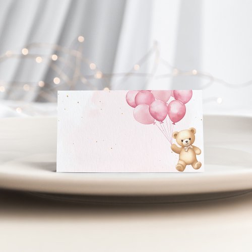 Pink balloons teddy bear baby shower place card