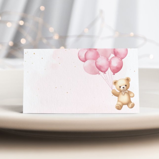 Pink balloons teddy bear baby shower place cards (Creator Uploaded)