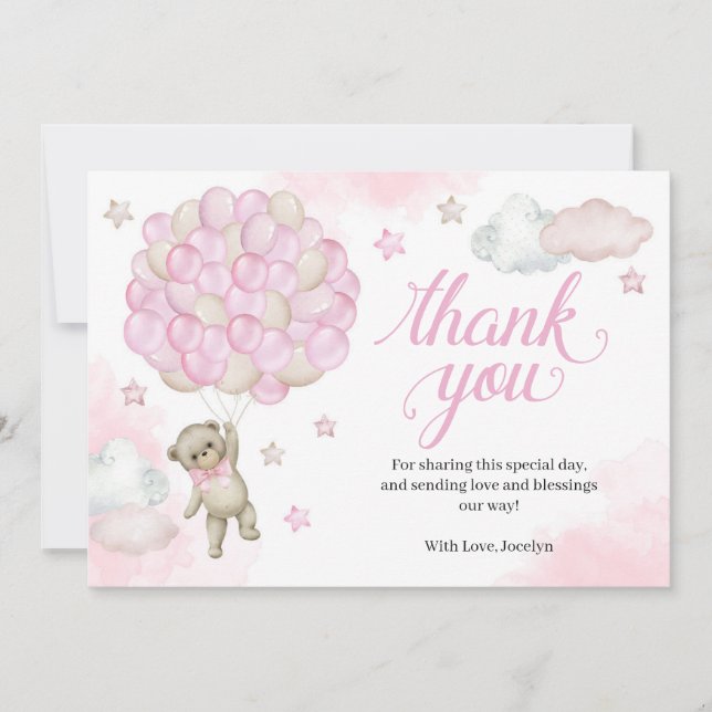 Pink Balloons Teddy Bear Baby Shower Thank You Car Card (Front)