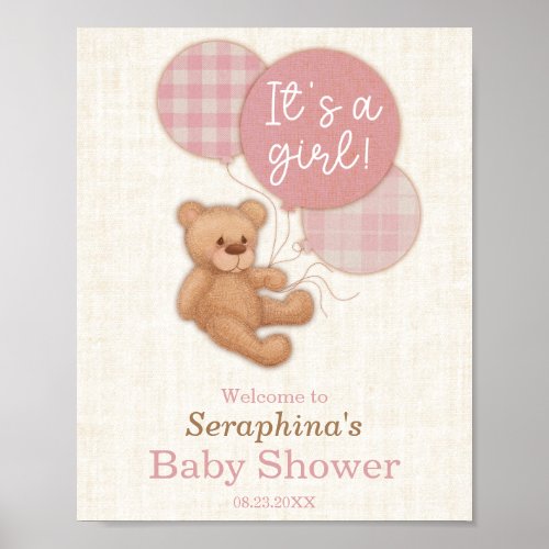 Pink Balloons Teddy Bear Baby Shower Welcome Poster
