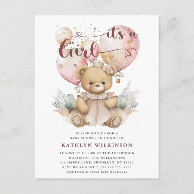 Pink Balloons Teddy Bear Floral Girl Baby Shower Invitation Postcard ...