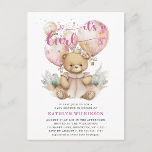 Pink Balloons Teddy Bear Floral Girl Baby Shower Invitation Postcard