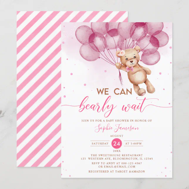 Pink Balloons Teddy Bear Girl Baby Shower Invitation | Zazzle