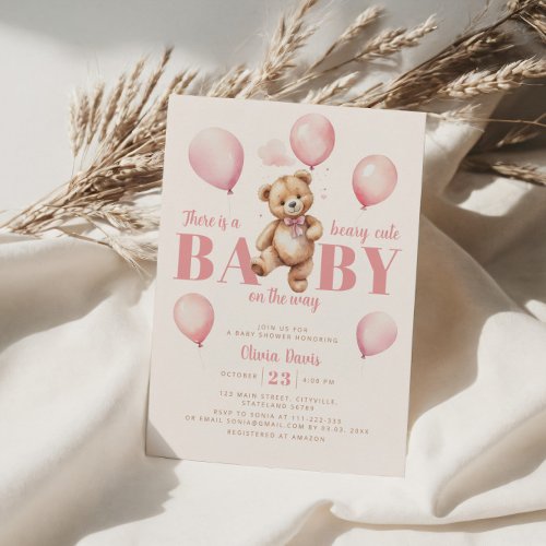 Pink Balloons Teddy Bear Girl Modern Baby Shower Invitation