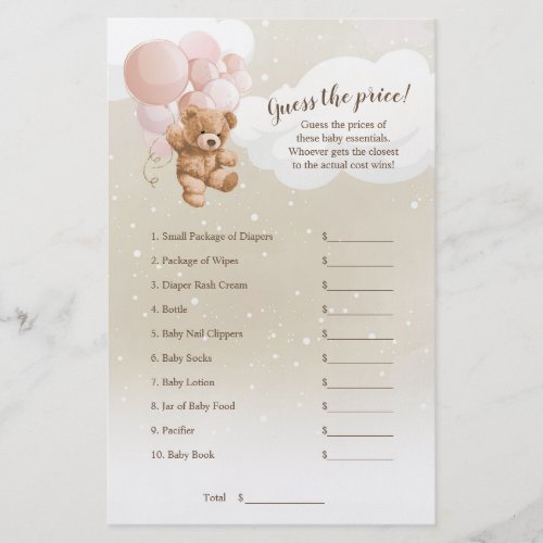 Pink Balloons Teddy Bear Guess The Price Game Flyer