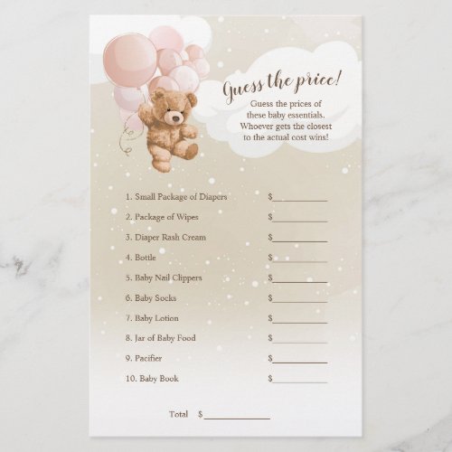 Pink Balloons Teddy Bear Guess The Price Game Flyer