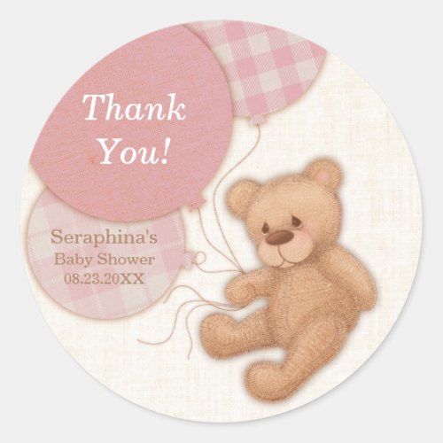 Pink Balloons Teddy Bear Thank You Baby Shower Classic Round Sticker
