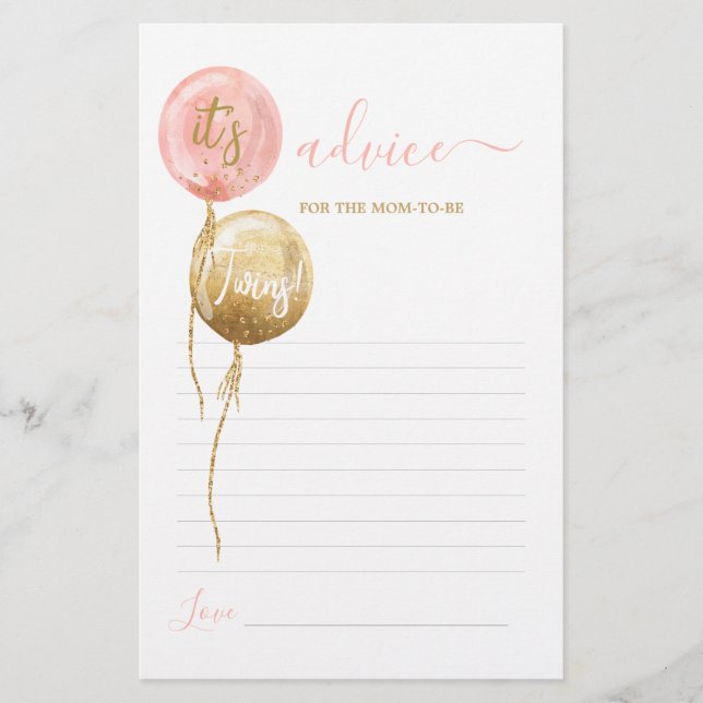 Pink balloons twins Advice for Mom To Be card (Front)