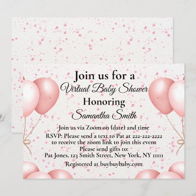Pink Balloons Virtual Baby Shower Invitation (Front/Back)
