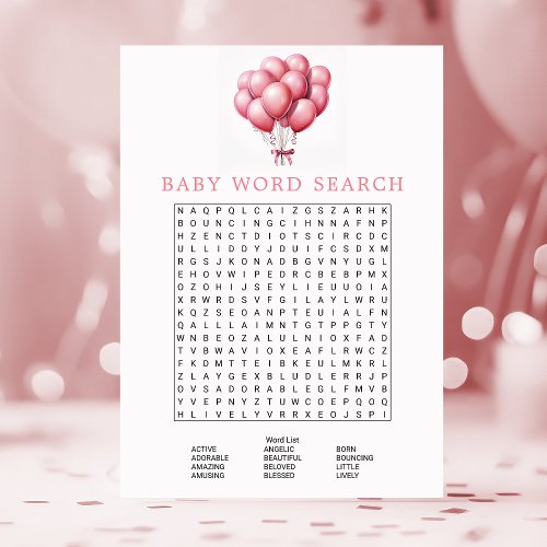 Pink Balloons Watercolor Baby Shower Word Search Invitation