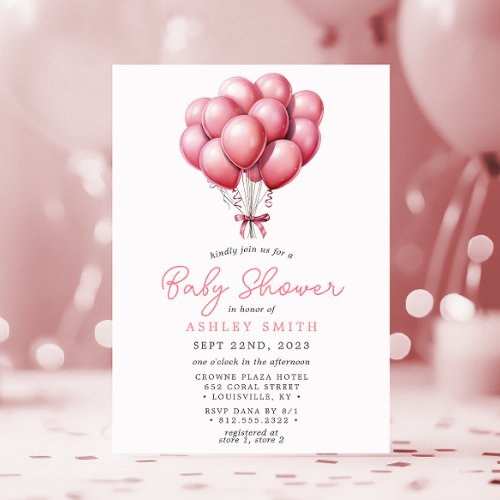 Pink Balloons Watercolor Girl Baby Shower Invitation