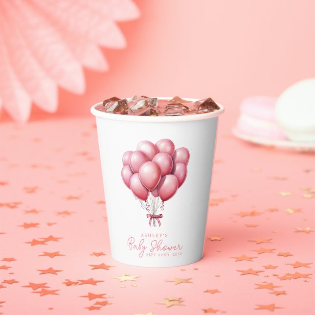 Pink Balloons Watercolor Girl Baby Shower Paper Cups (Insitu)