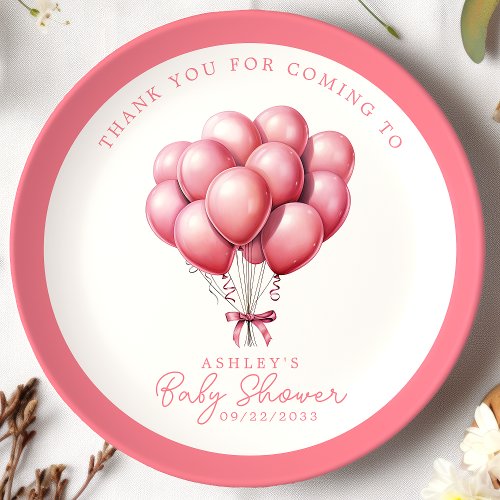 Pink Balloons Watercolor Girl Baby Shower Paper Plates