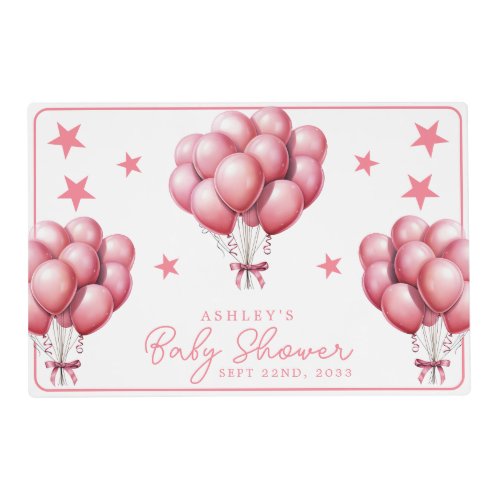 Pink Balloons Watercolor Girl Baby Shower Placemat
