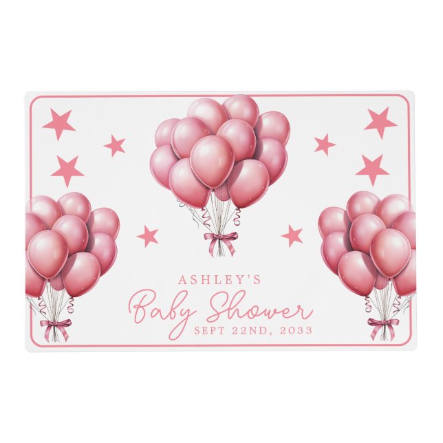 Pink Balloons Watercolor Girl Baby Shower Placemat (Front)