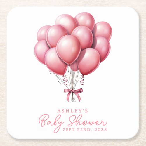 Pink Balloons Watercolor Girl Baby Shower Square Paper Coaster