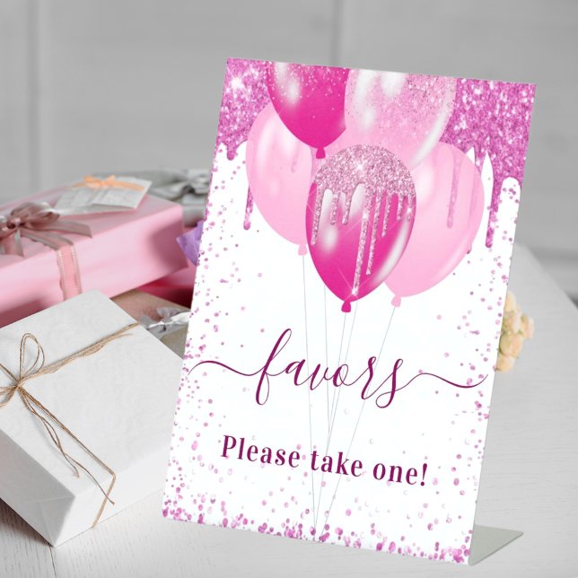 Pink balloons white guest party favors pedestal sign (Creator Uploaded)