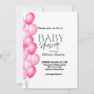 Pink Baloon Baby Shower Invitation