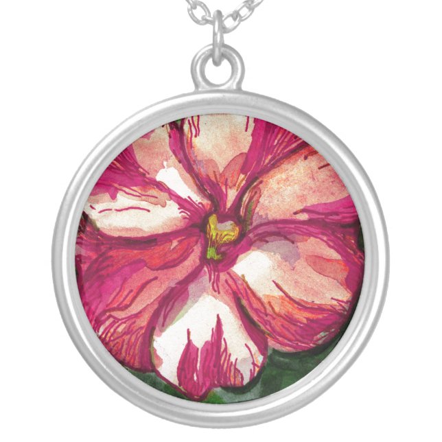 Pink Balsam Flower Silver Plated Necklace (Front)