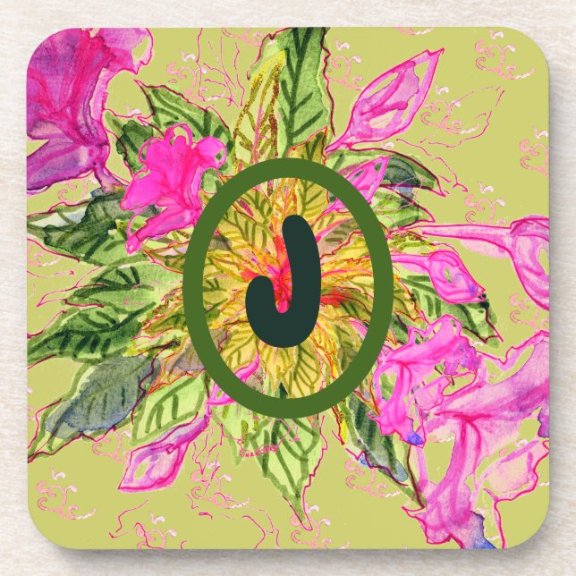 Pink Balsam Flowers Bouquet & Letter Beverage Coaster (Front)