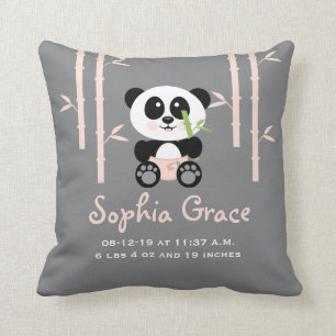Pink Bamboo Panda Birth Announcement PIllow