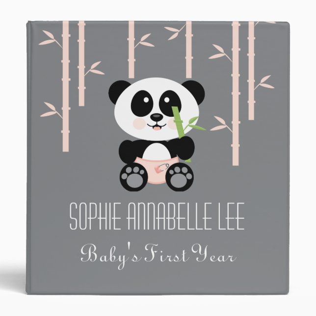 Pink Bamboo Panda in Diapers Baby Photo Album 3 Ring Binder (Front)