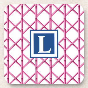 Pink Bamboo Trellis Monogram Beverage Coaster