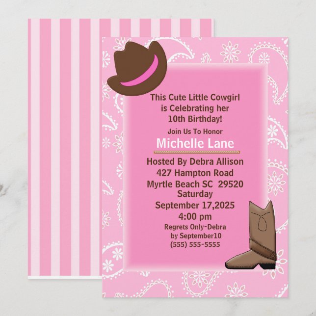 Pink Bandana Cow Girl Birthday Party Invitation (Front/Back)