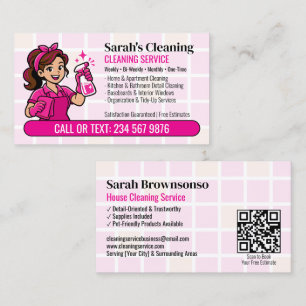 Pink Bandana Detail Cleaning QR Cartoon Maid Business Card