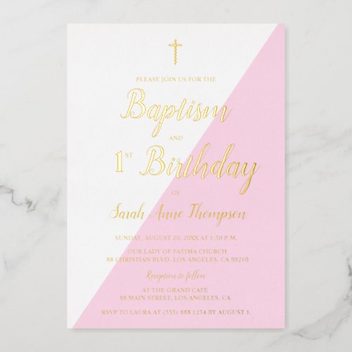 Pink Baptism 1st Birthday Cross metallic Foil Invitation