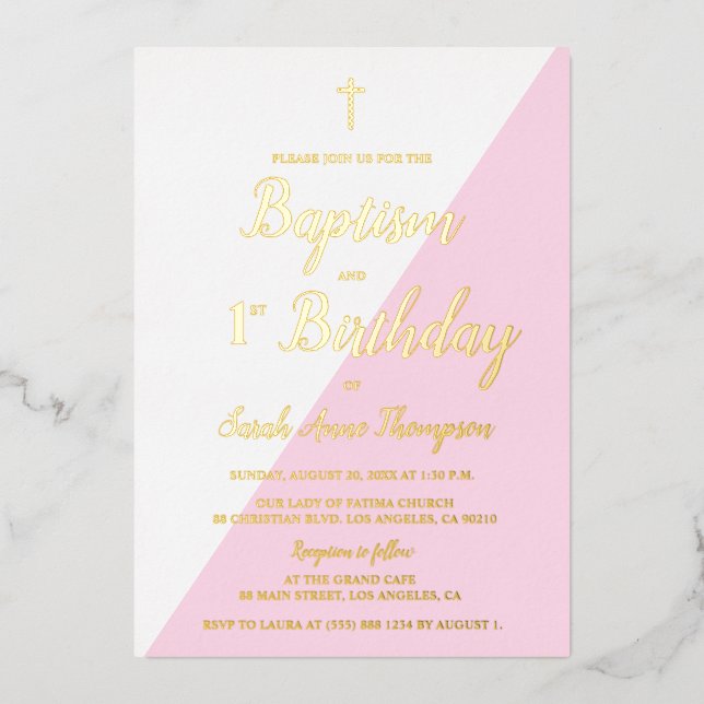 Pink Baptism 1st Birthday Cross metallic Foil Invitation (Front)