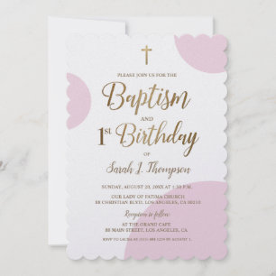 Pink Baptism and 1st Birthday Gold cross  Invitation