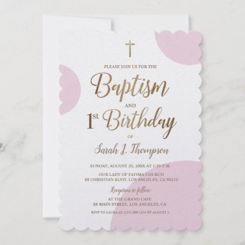 Pink Baptism and 1st Birthday Gold cross  Invitation