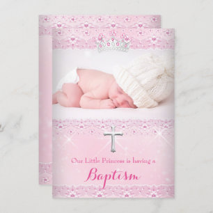 Pink Baptism Baby Photo of Girl Tiara Invitation