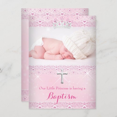 Pink Baptism Baby Photo of Girl Tiara Invitation