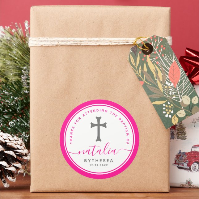 Pink Baptism Christening Naming Cross Classic Round Sticker (Holiday)