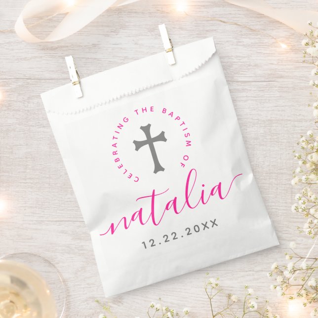 Pink Baptism Christening Naming Cross Favor Bag (Clipped)