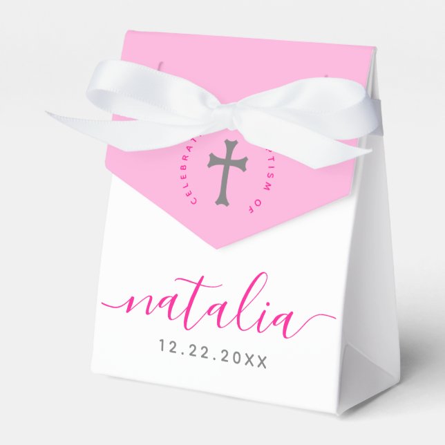 Pink Baptism Christening Naming Cross Favor Boxes (Front Side)