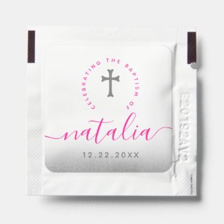 Pink Baptism Christening Naming Cross Glitter Hand Sanitizer Packet