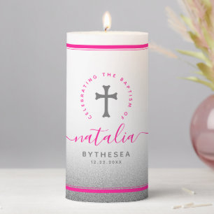 Pink Baptism Christening Naming Cross Glitter Pillar Candle